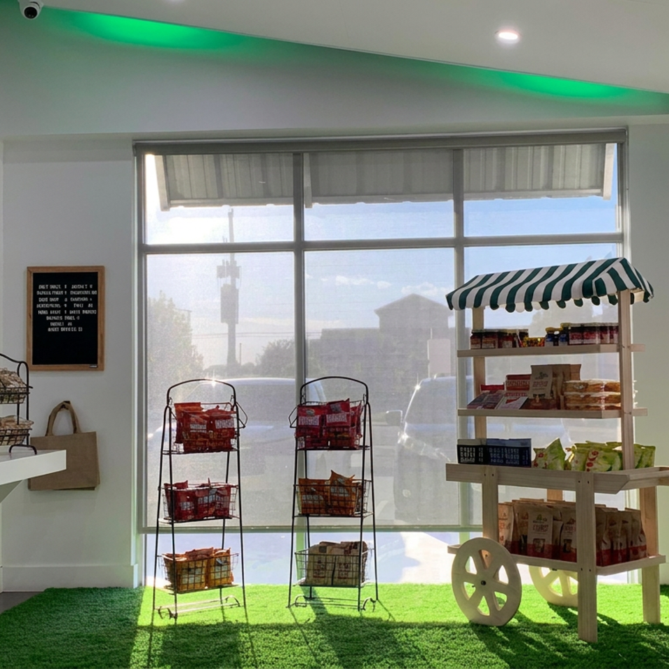 Bright convenience store entrance with snack displays, a striped awning cart, artificial grass flooring, and green branded wall mural.