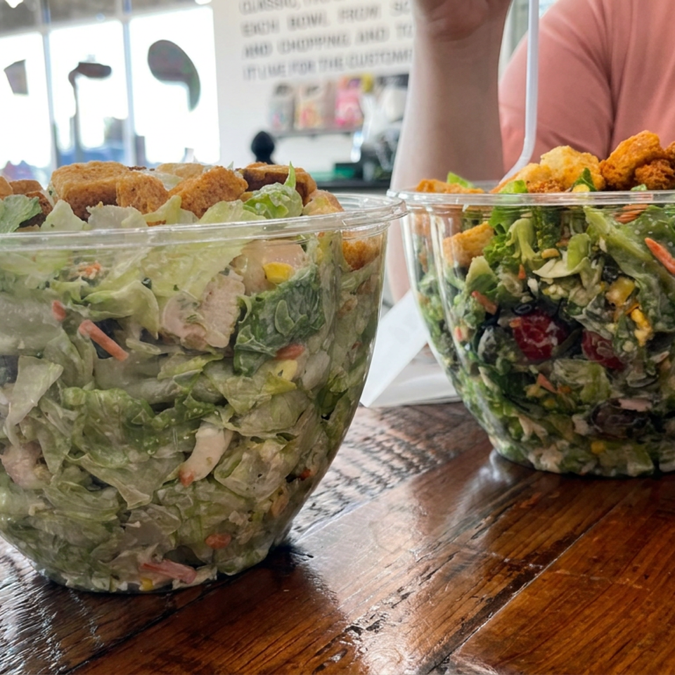 Two large salad bowls with leafy greens, vegetables, toppings, and crispy breaded pieces sit on a rustic wooden restaurant table.
