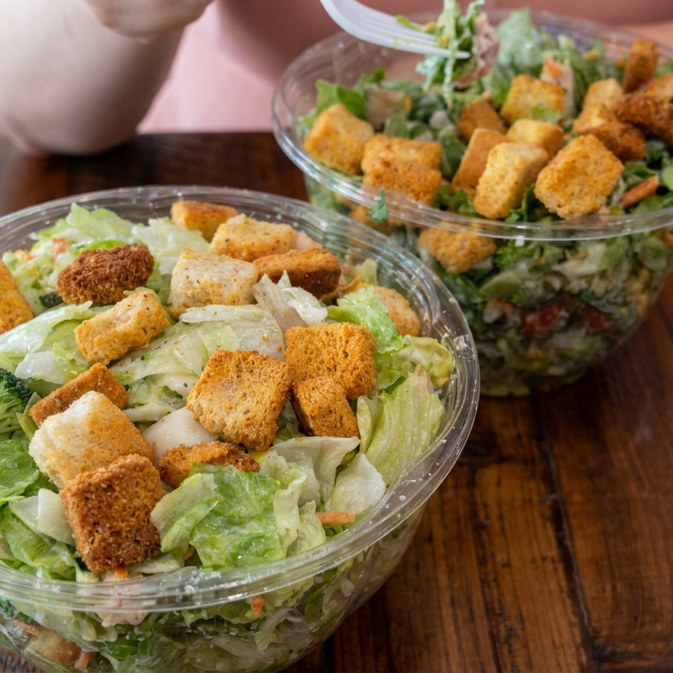 Two clear bowls of green salads topped with crunchy croutons sit on a wooden restaurant table.