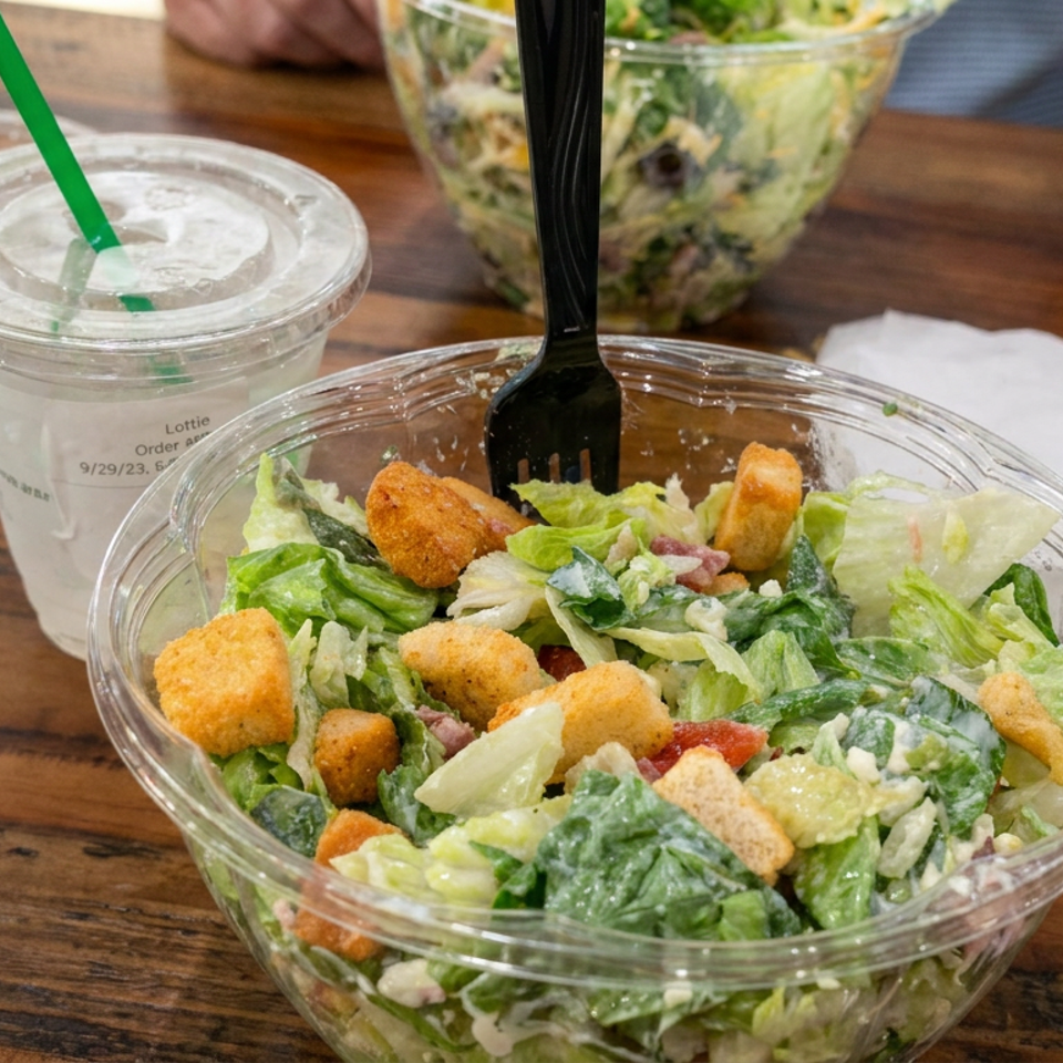 Fresh green salad with croutons and vegetables in a clear bowl, accompanied by a drink on a wooden restaurant table.