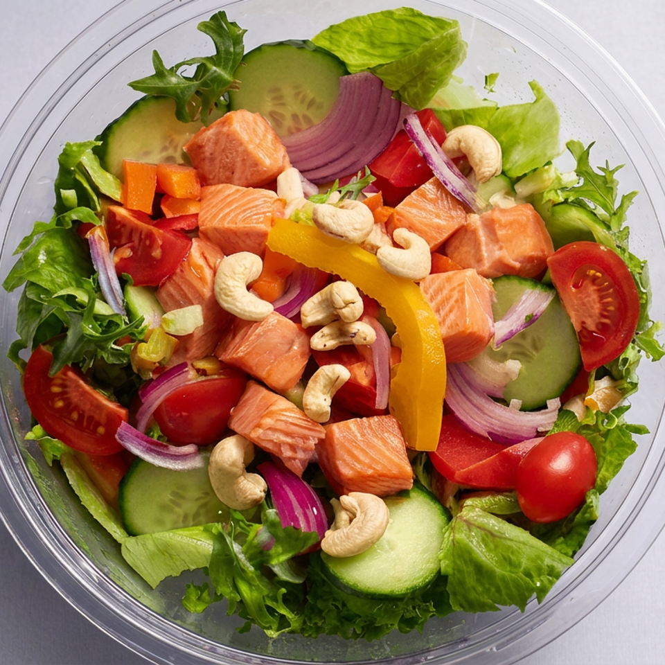 Fresh salad topped with salmon, cashews, cucumbers, tomatoes, bell peppers, red onion, and leafy greens in a clear bowl.